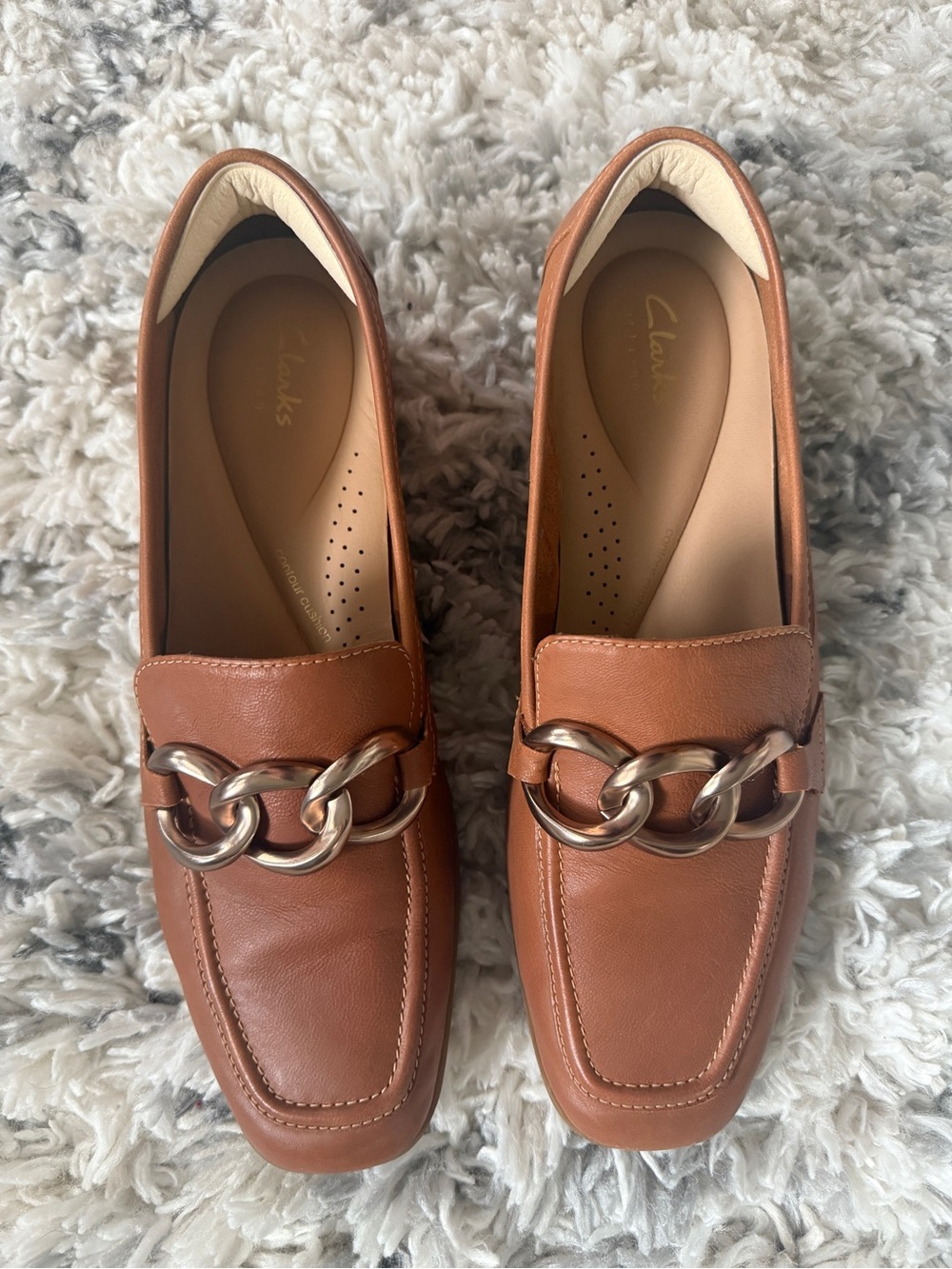 Clarks Brown Leather Loafers with Chunky Gold Chain